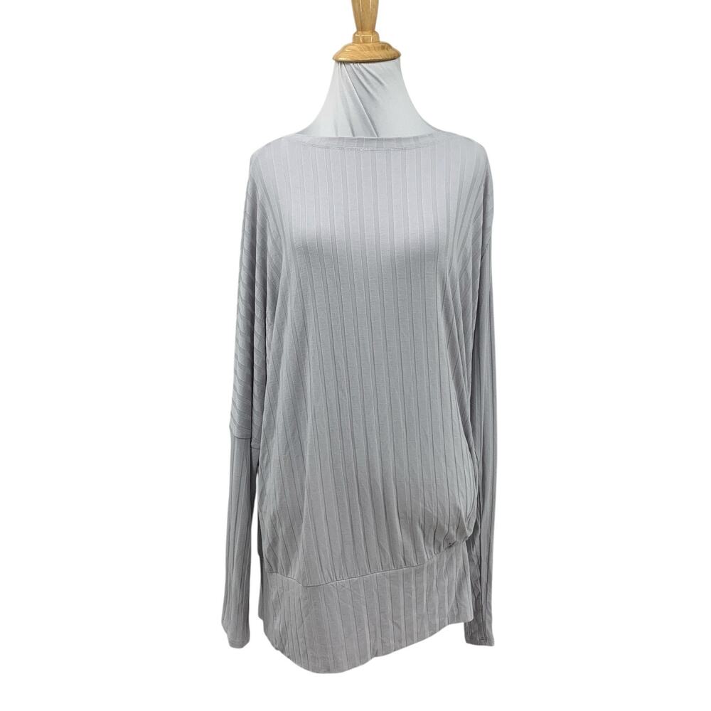Heather Top Womens L Large Silver Poor Boy Rib Asymmetrical Hem Raglan Ruched